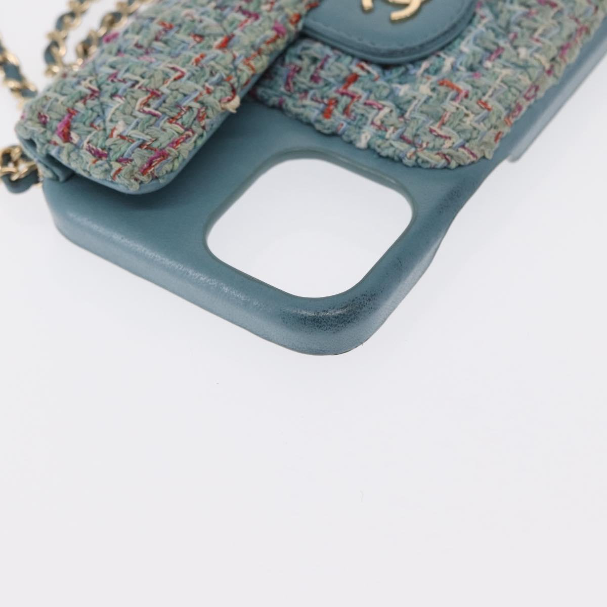 CHANEL iPhone Case Tweed Light Blue CC Auth bs32870