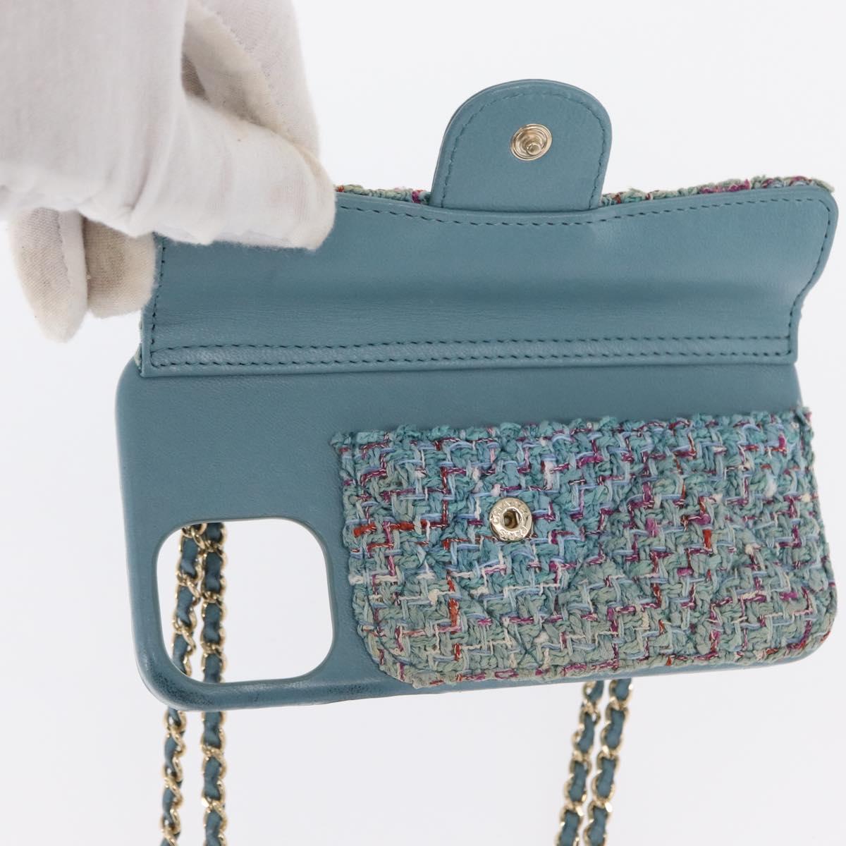 CHANEL iPhone Case Tweed Light Blue CC Auth bs32870