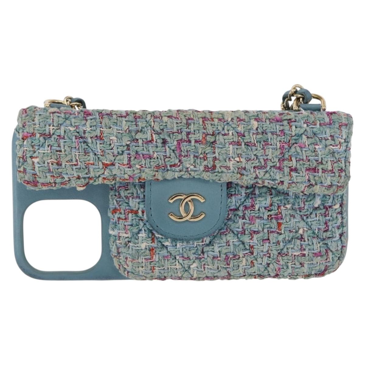 CHANEL iPhone Case Tweed Light Blue CC Auth bs32870