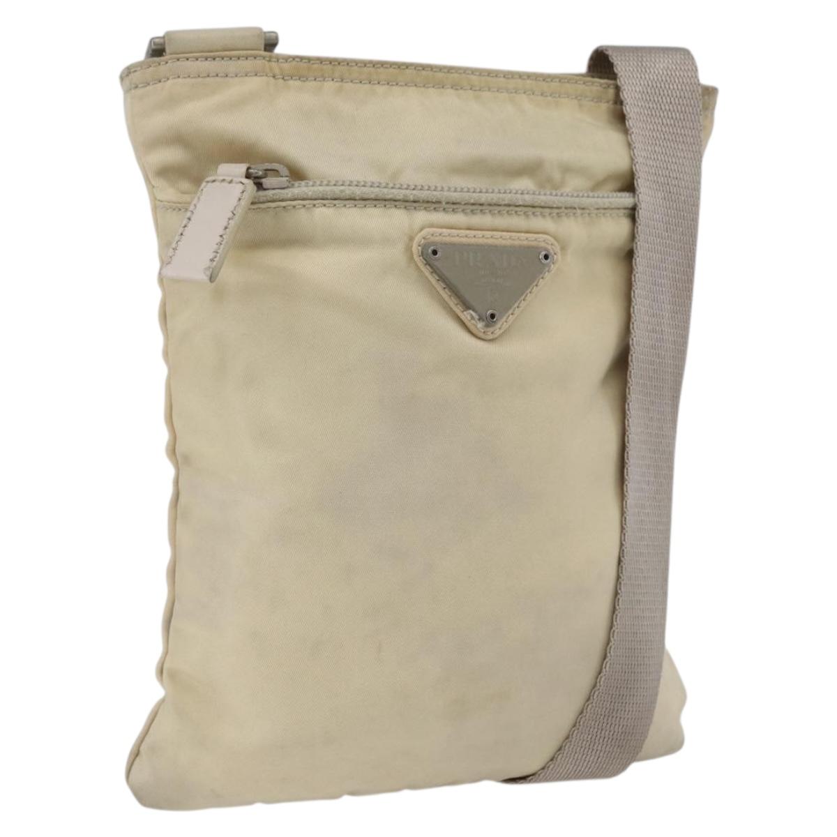 PRADA Shoulder Bag Nylon Beige Silver Auth bs32871