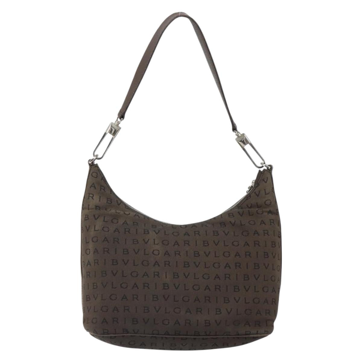 BVLGARI Shoulder Bag Canvas Brown Silver Auth bs32878