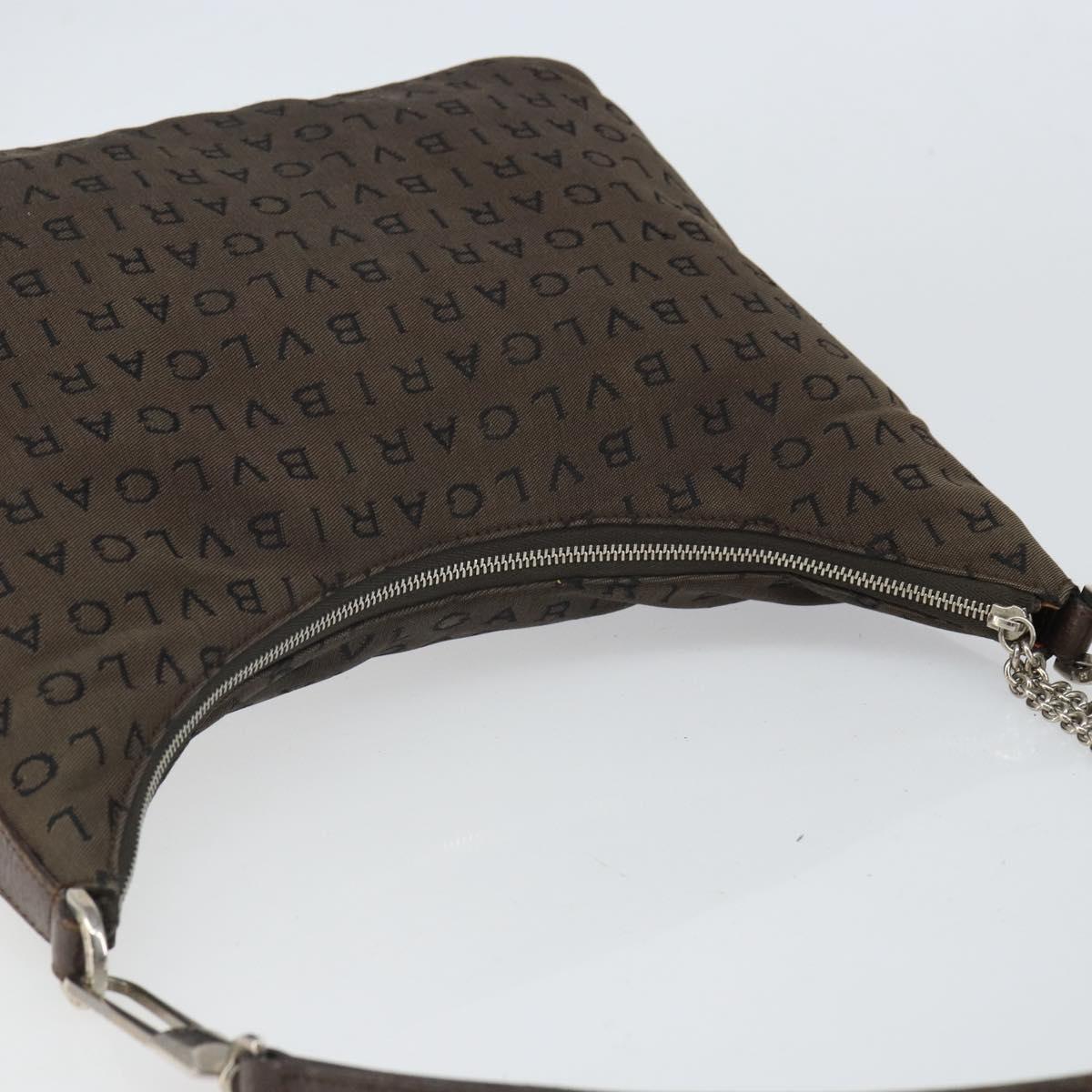 BVLGARI Shoulder Bag Canvas Brown Silver Auth bs32878