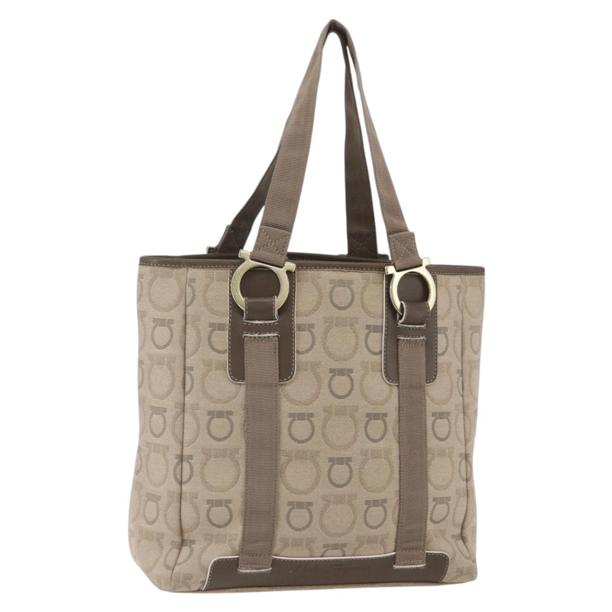 Salvatore Ferragamo Tote Bag Canvas Beige Gold Auth bs32887