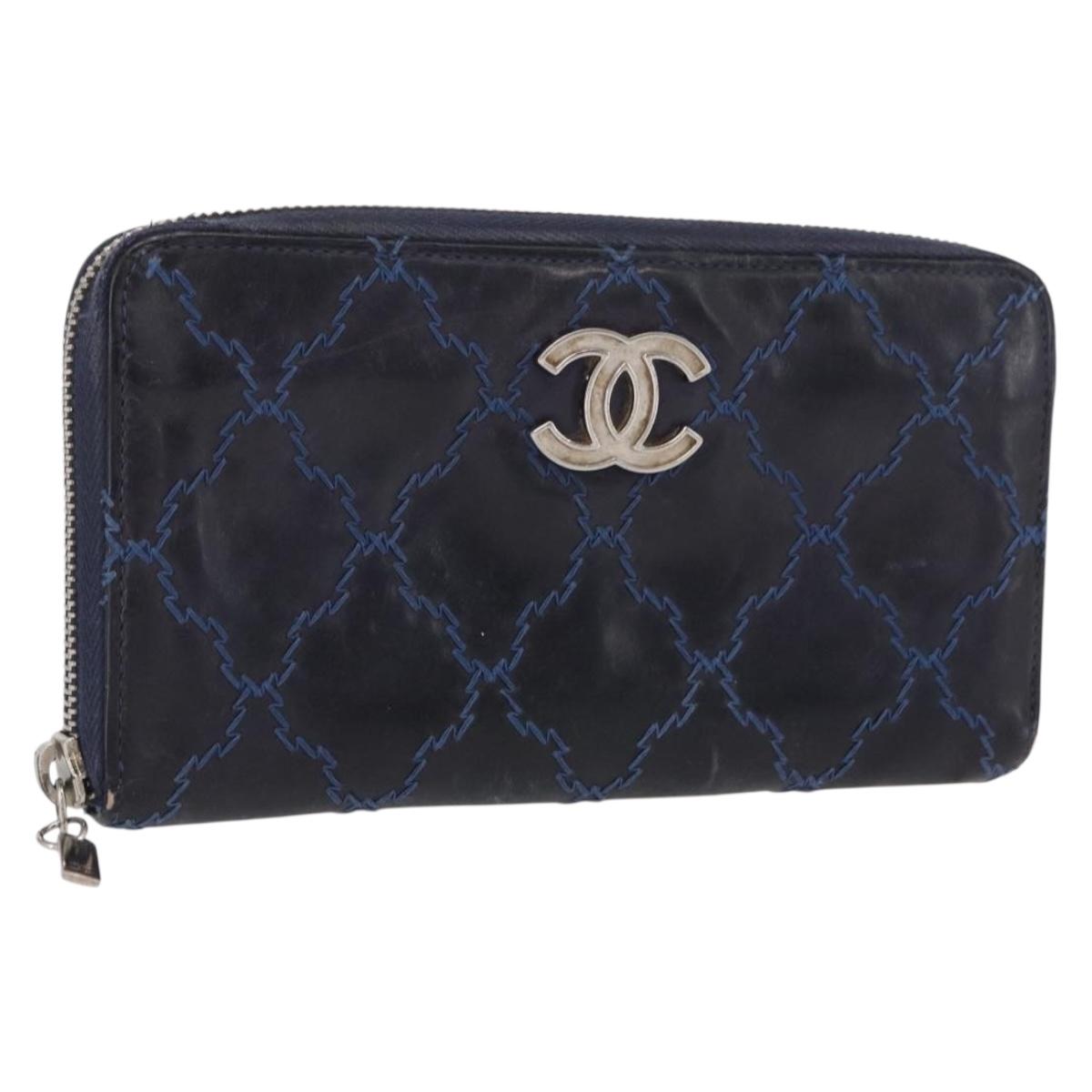 CHANEL Matelasse Long Wallet Leather Navy Silver CC Auth bs32901