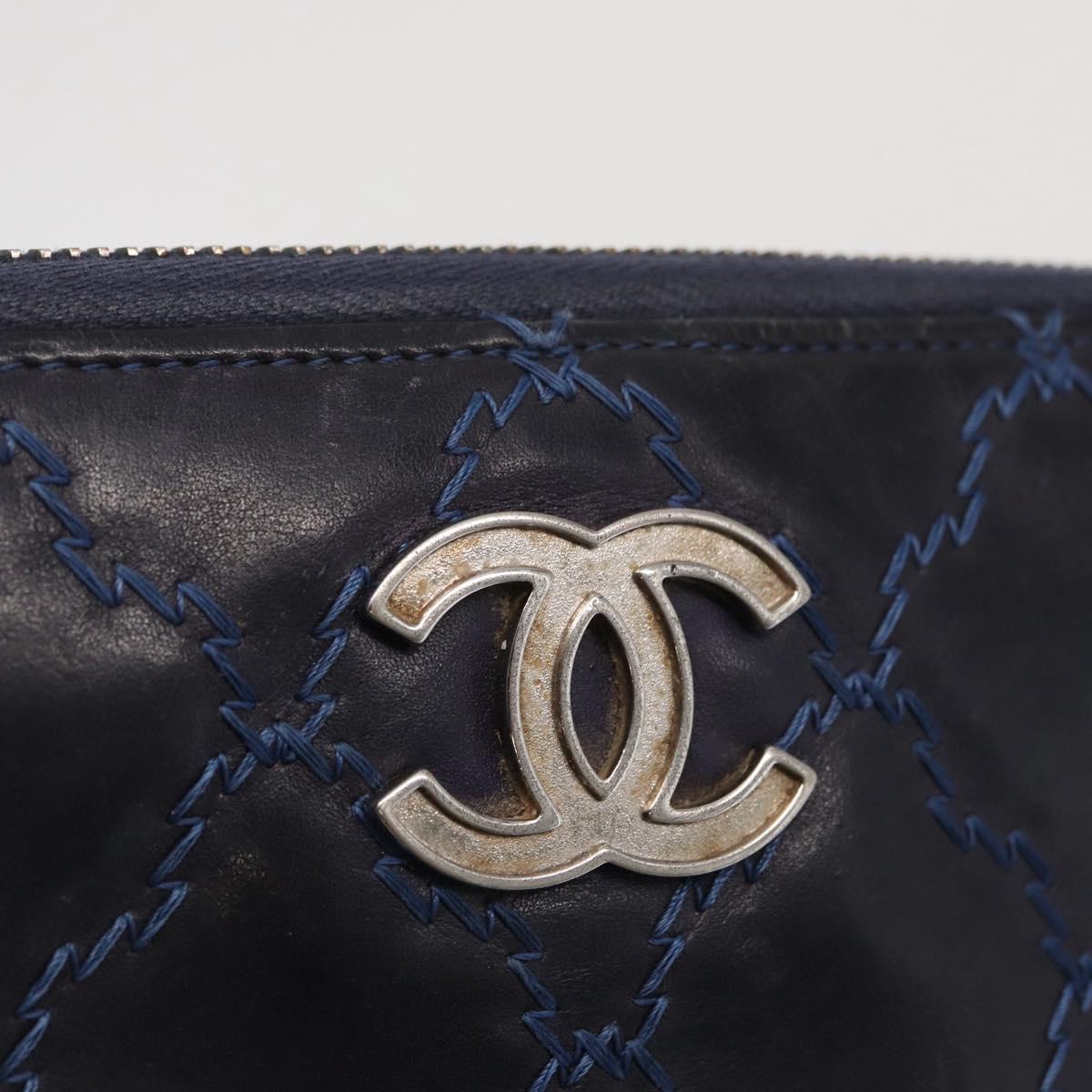 CHANEL Matelasse Long Wallet Leather Navy Silver CC Auth bs32901