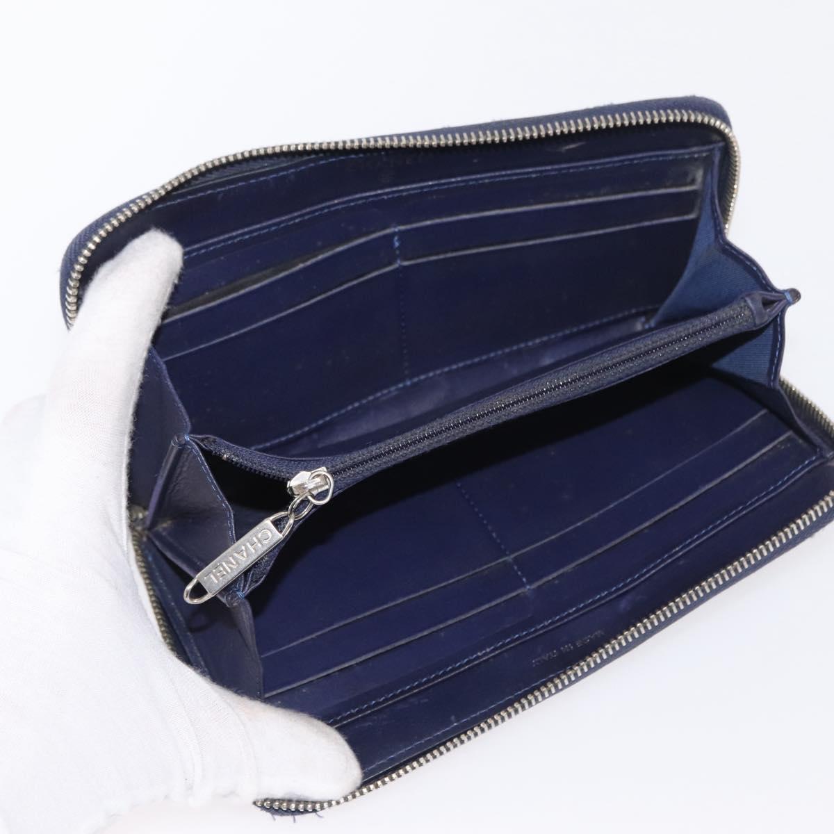 CHANEL Matelasse Long Wallet Leather Navy Silver CC Auth bs32901