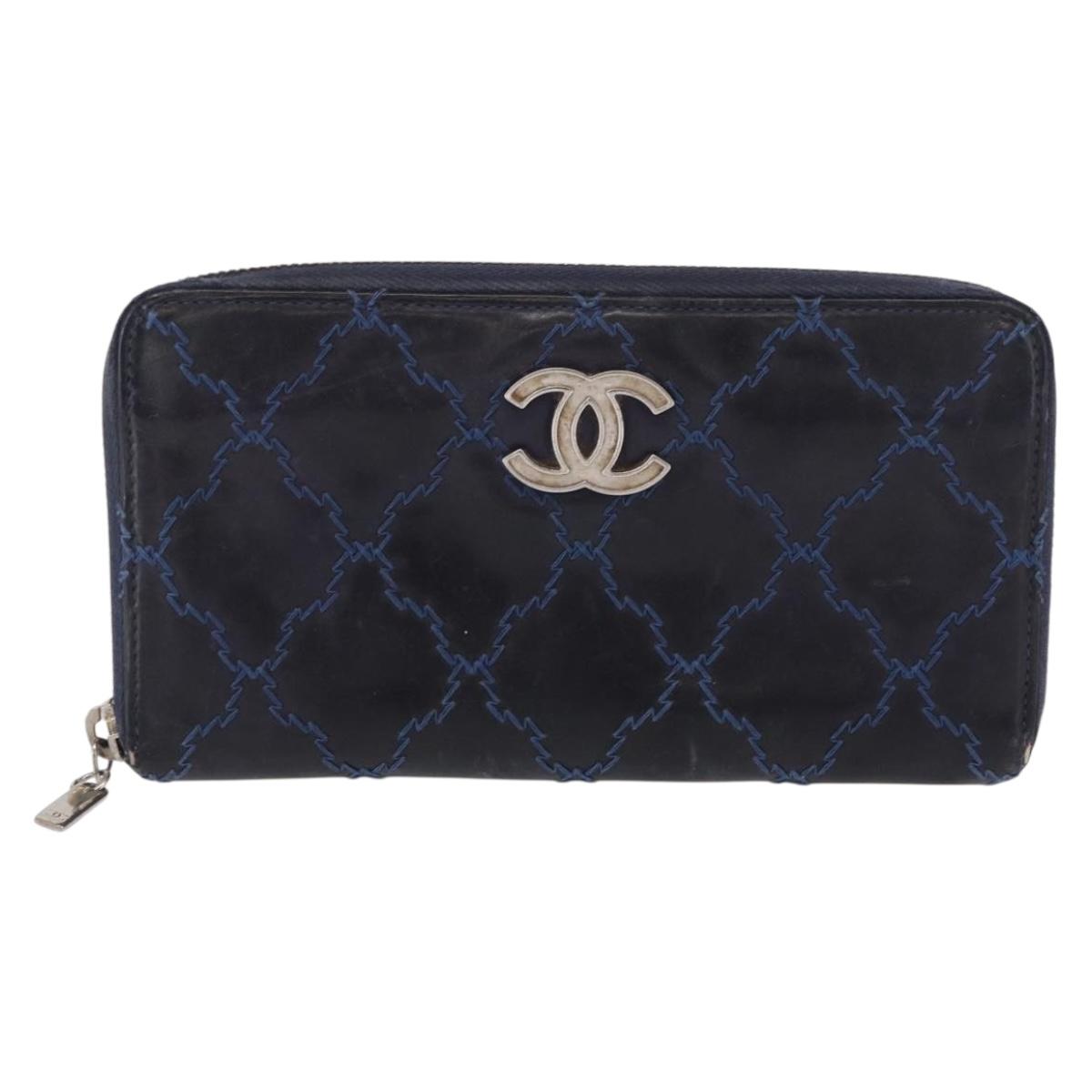 CHANEL Matelasse Long Wallet Leather Navy Silver CC Auth bs32901