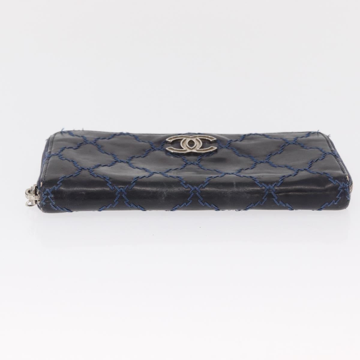 CHANEL Matelasse Long Wallet Leather Navy Silver CC Auth bs32901