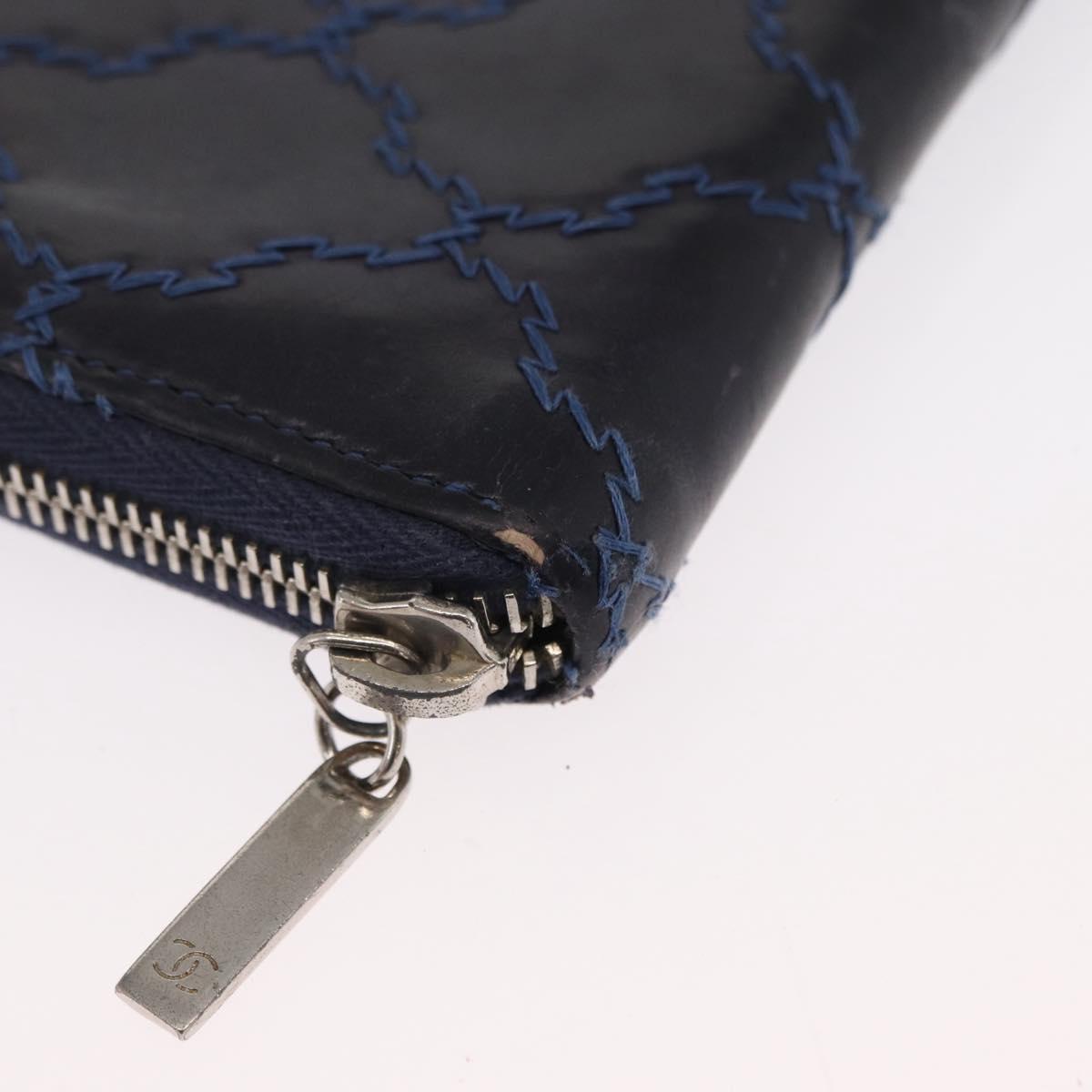 CHANEL Matelasse Long Wallet Leather Navy Silver CC Auth bs32901