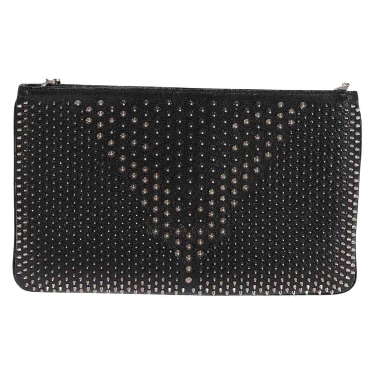 Christian Louboutin Chain Shoulder Bag Leather Black Silver Auth bs32908