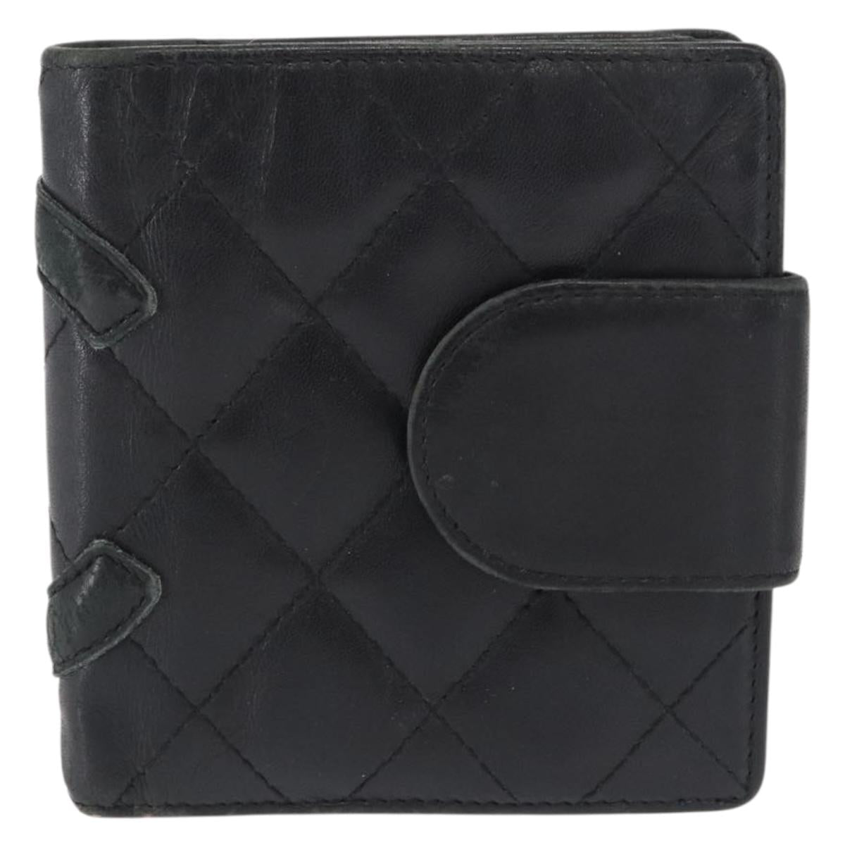 CHANEL Cambon Line Wallet Leather Black Silver CC Auth bs32911