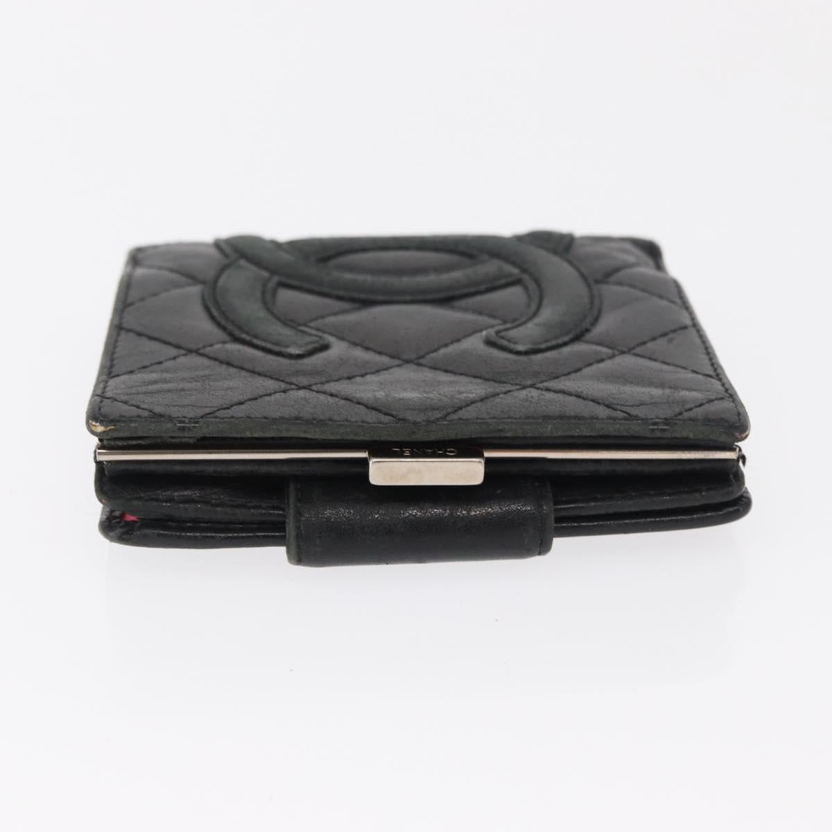 CHANEL Cambon Line Wallet Leather Black Silver CC Auth bs32911