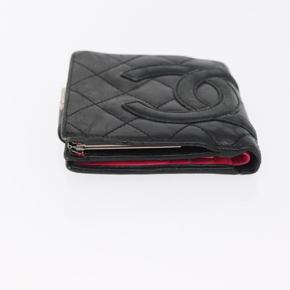 CHANEL Cambon Line Wallet Leather Black Silver CC Auth bs32911