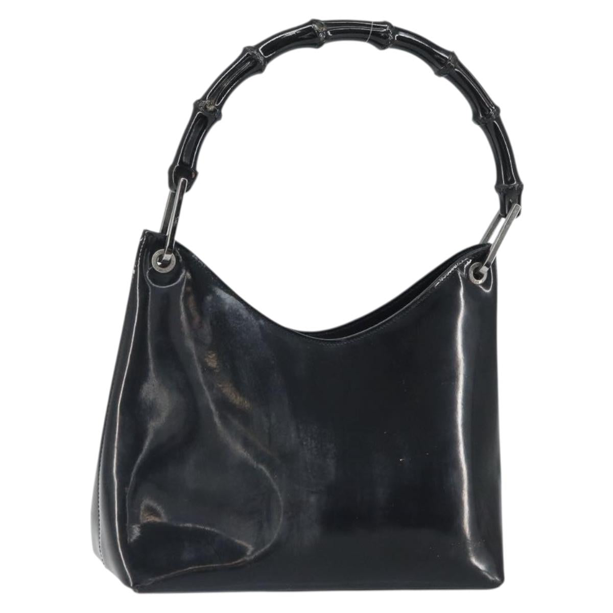 GUCCI Bamboo Hand Bag Patent leather Silver Black 001 1998 3008 Auth bs32983