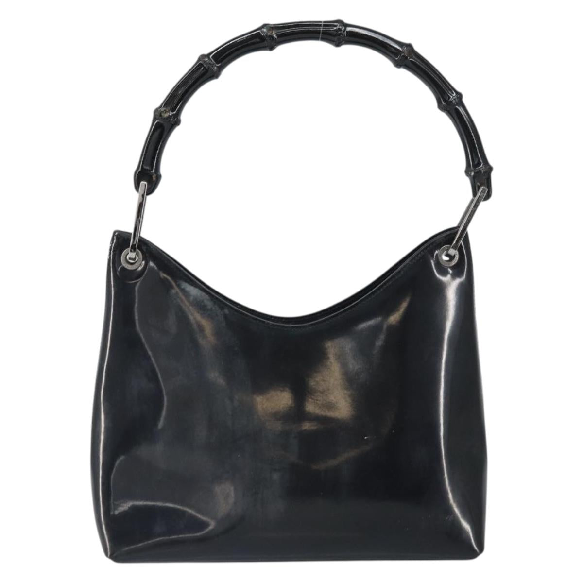 GUCCI Bamboo Hand Bag Patent leather Silver Black 001 1998 3008 Auth bs32983