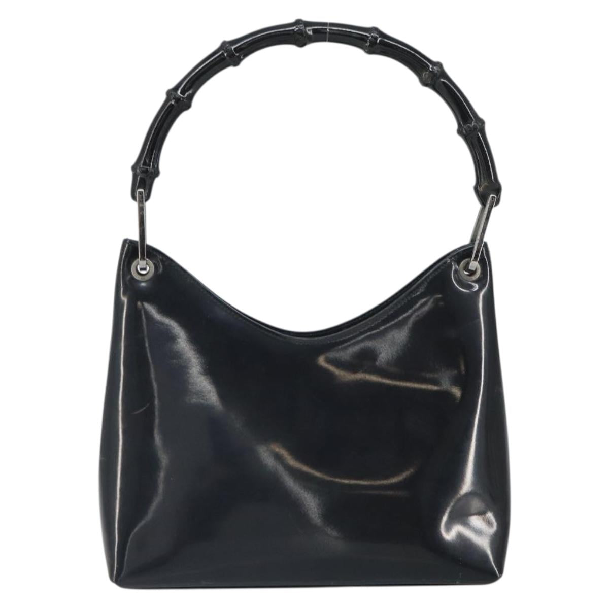 GUCCI Bamboo Hand Bag Patent leather Silver Black 001 1998 3008 Auth bs32983