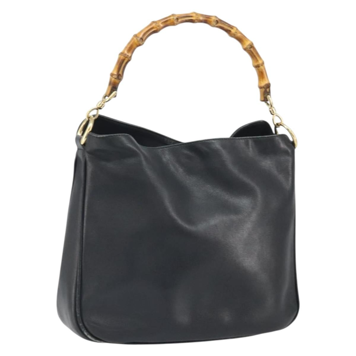 GUCCI Bamboo Hand Bag Leather Black Gold Auth bs33028