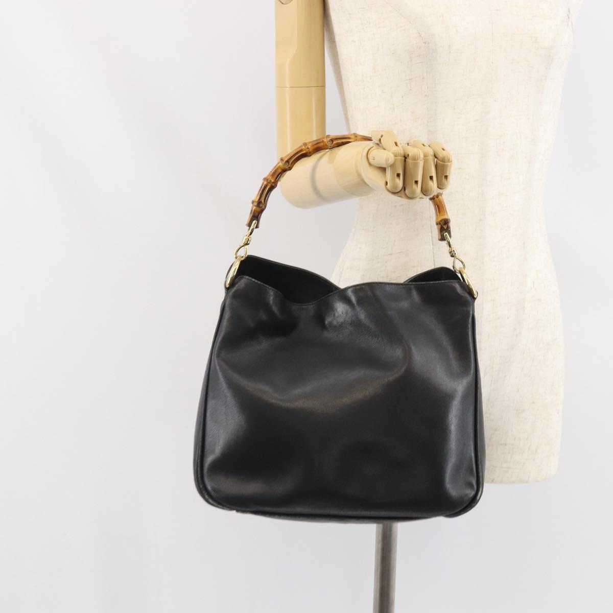 GUCCI Bamboo Hand Bag Leather Black Gold Auth bs33028