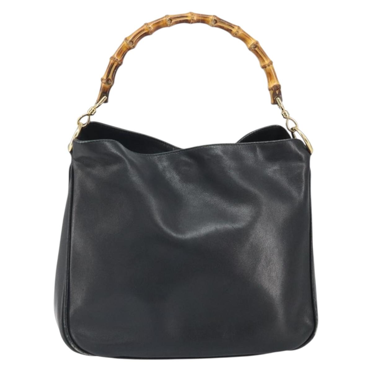 GUCCI Bamboo Hand Bag Leather Black Gold Auth bs33028