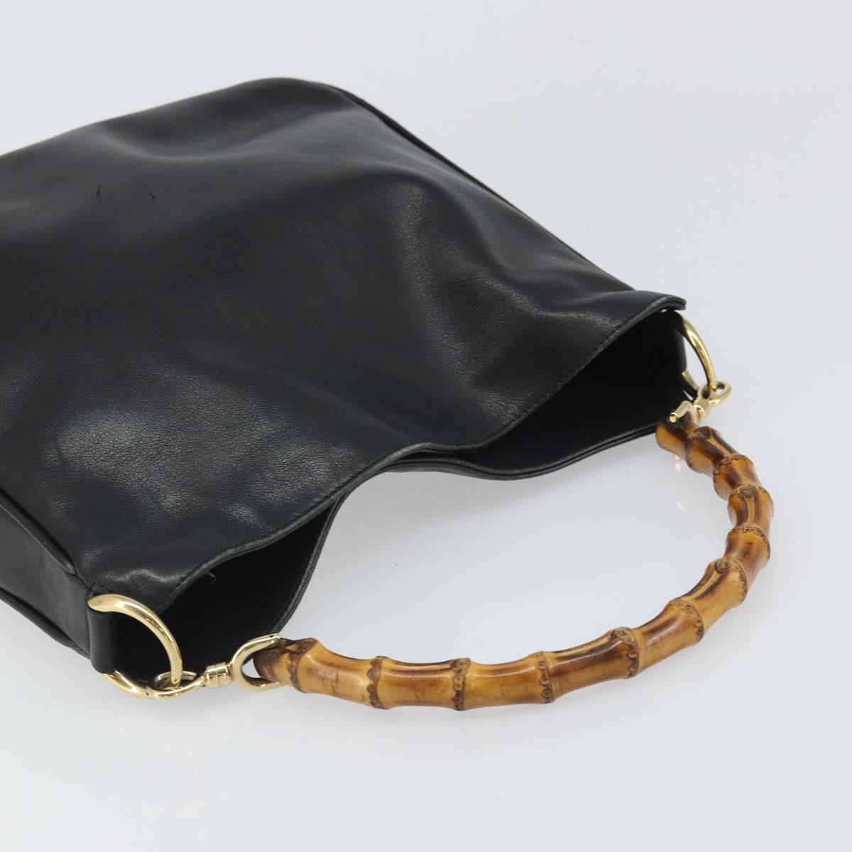 GUCCI Bamboo Hand Bag Leather Black Gold Auth bs33028