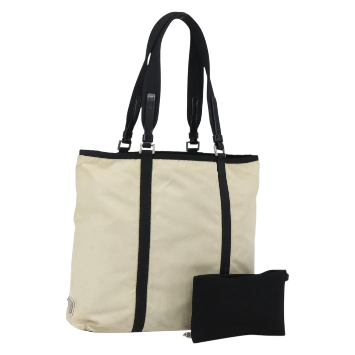 PRADA Tote Bag Nylon Cream Silver Auth bs33042
