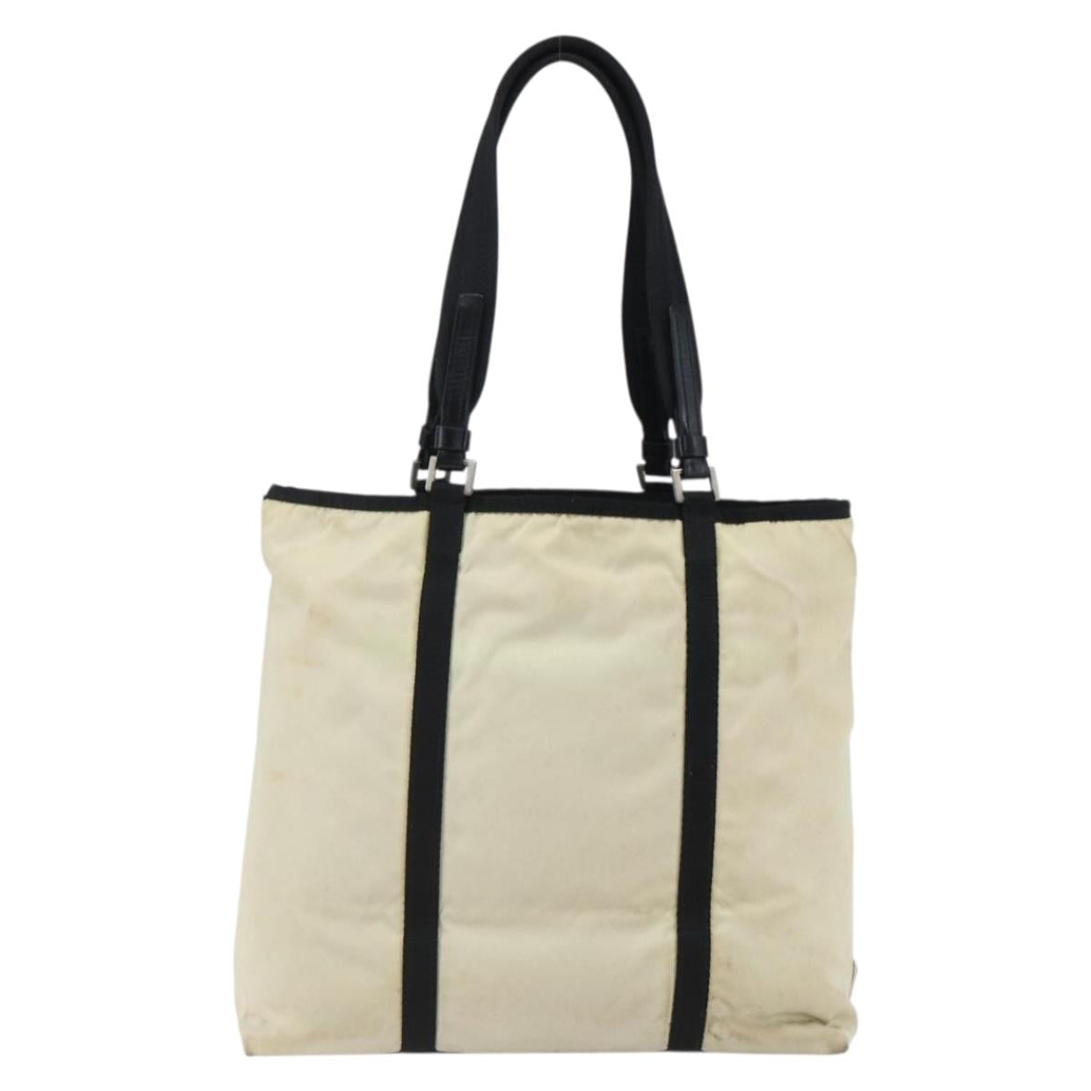 PRADA Tote Bag Nylon Cream Silver Auth bs33042