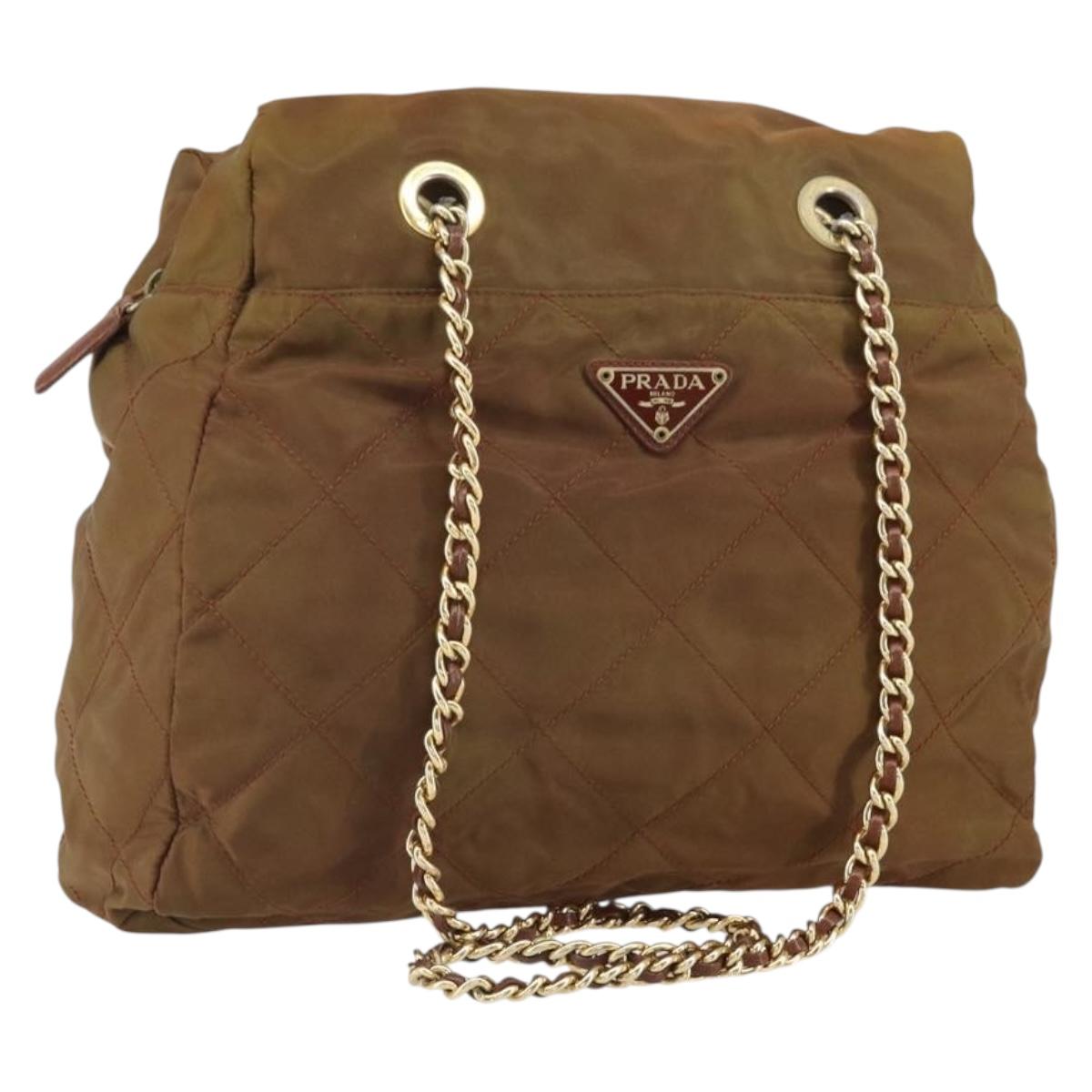 PRADA Chain Shoulder Bag Nylon Brown Gold Auth bs33044