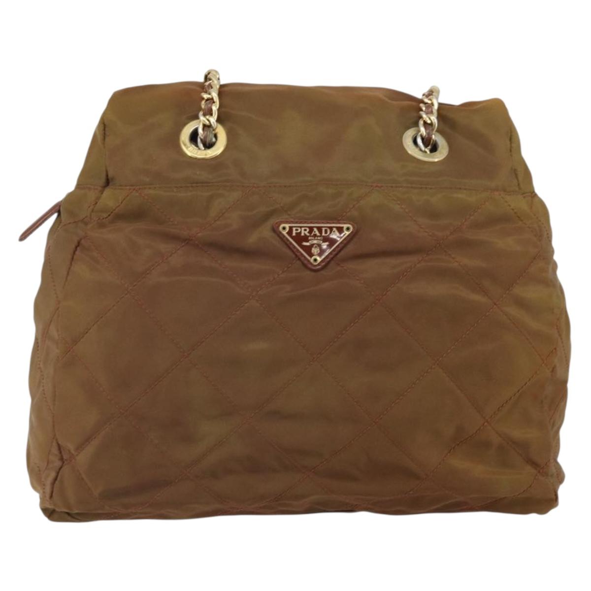 PRADA Chain Shoulder Bag Nylon Brown Gold Auth bs33044