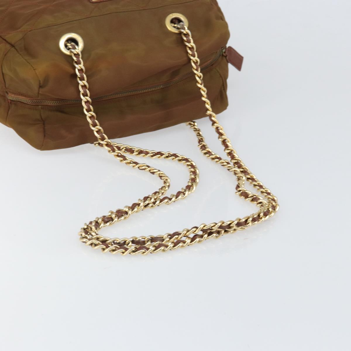 PRADA Chain Shoulder Bag Nylon Brown Gold Auth bs33044