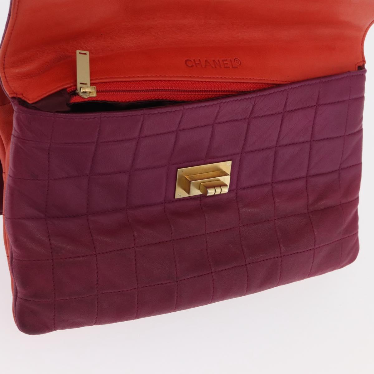 CHANEL Choco Bar Hand Bag Lamb Skin Orange Gold CC Auth bs33102