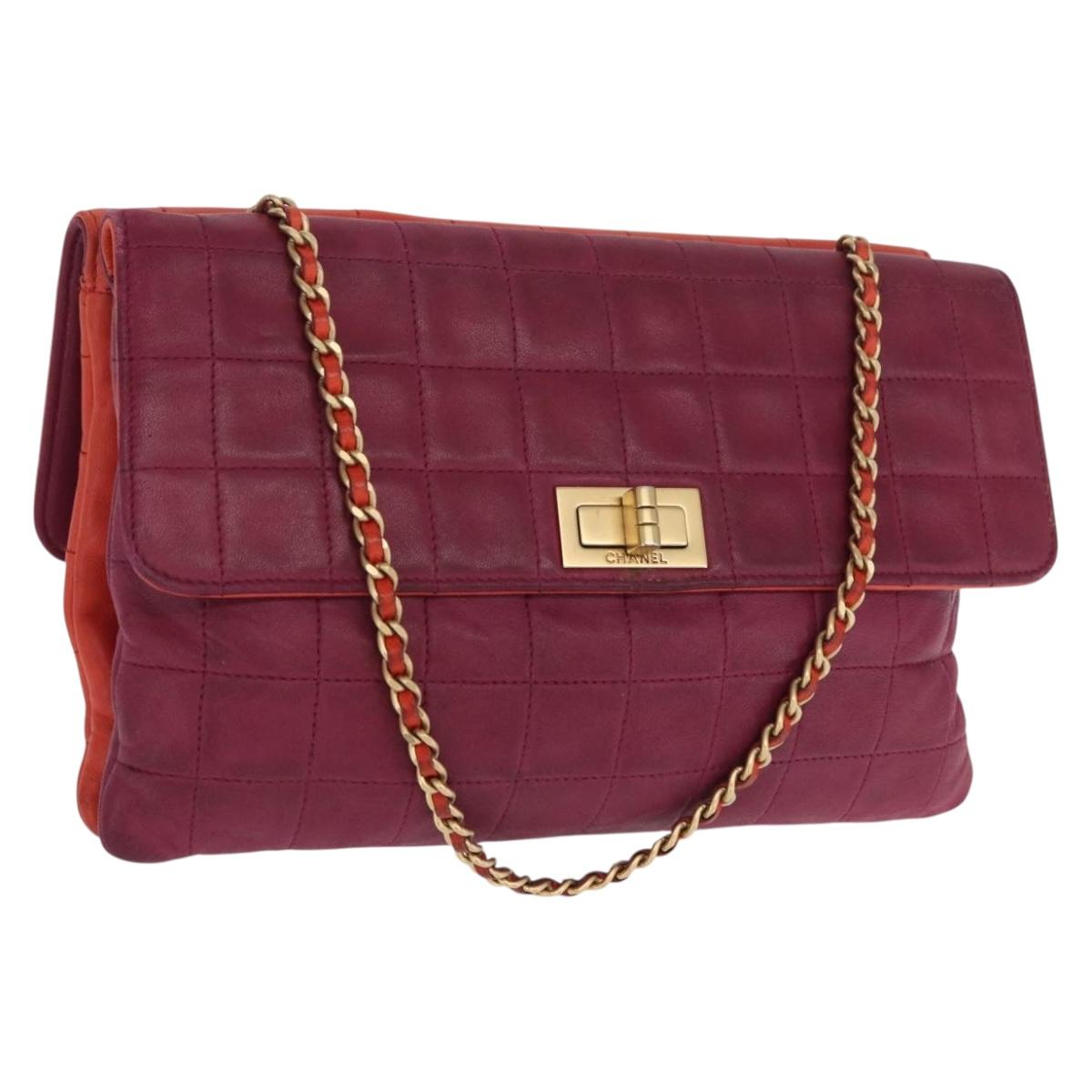 CHANEL Choco Bar Hand Bag Lamb Skin Orange Gold CC Auth bs33102