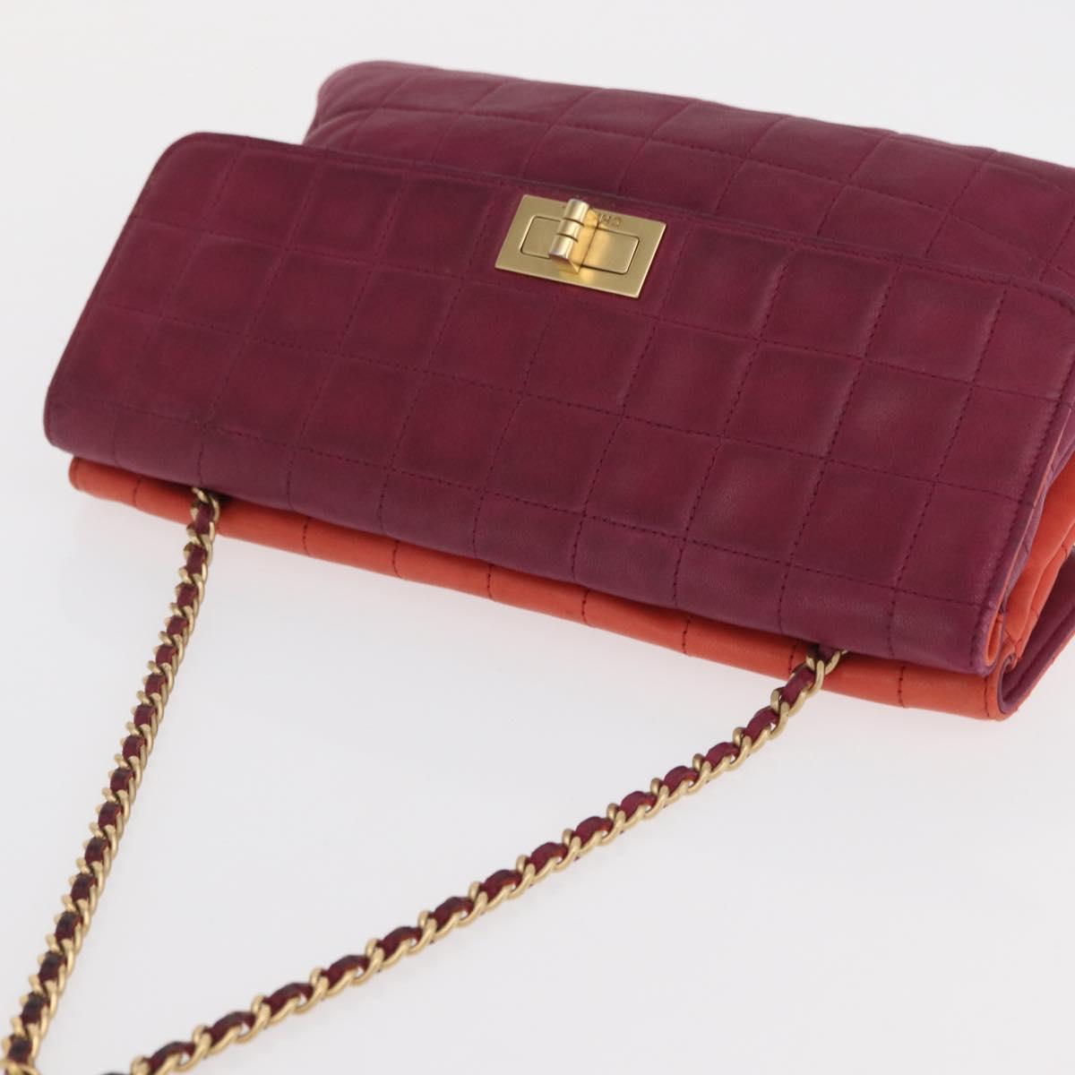 CHANEL Choco Bar Hand Bag Lamb Skin Orange Gold CC Auth bs33102