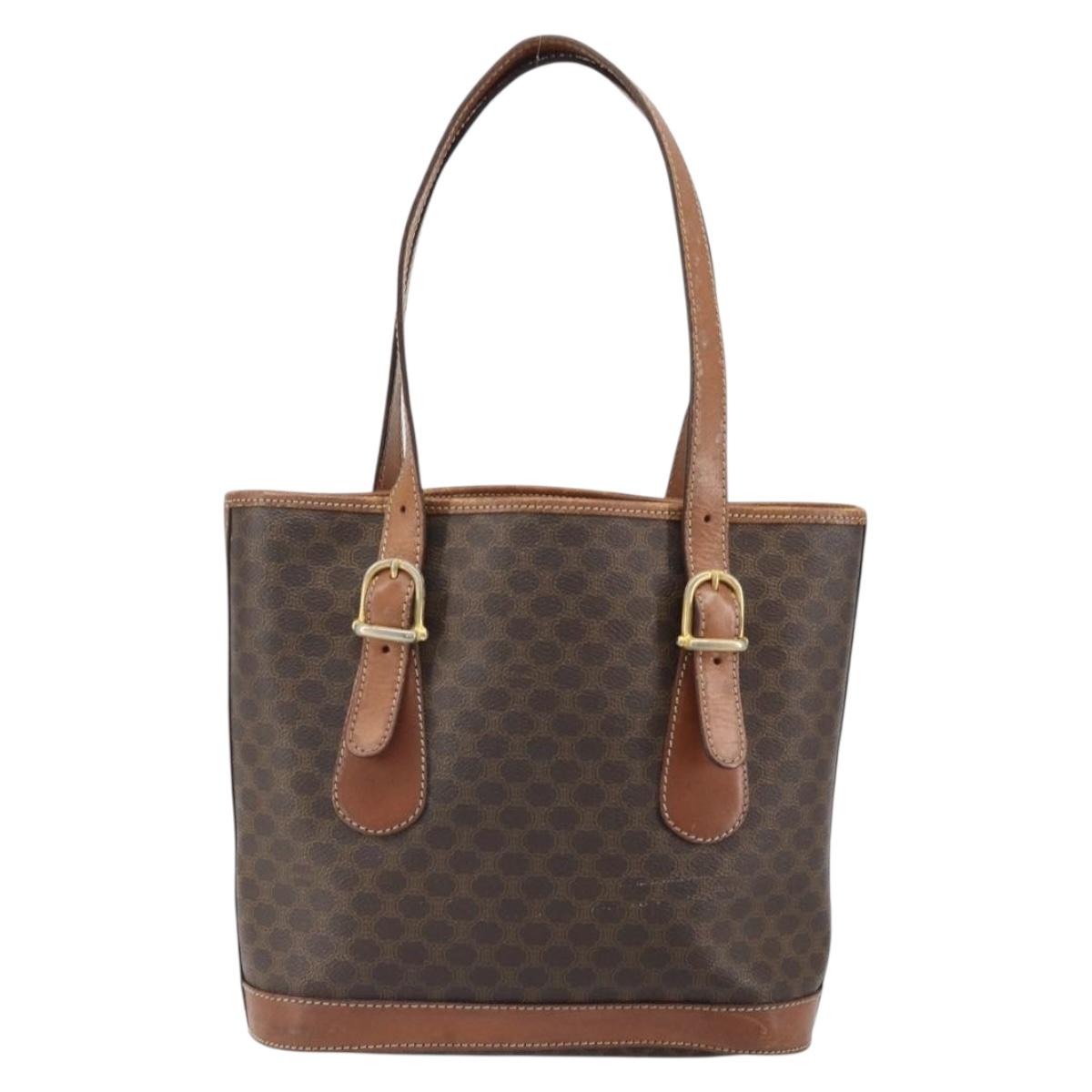 CELINE Macadam Canvas Hand Bag PVC Leather Brown Gold Auth bs33103