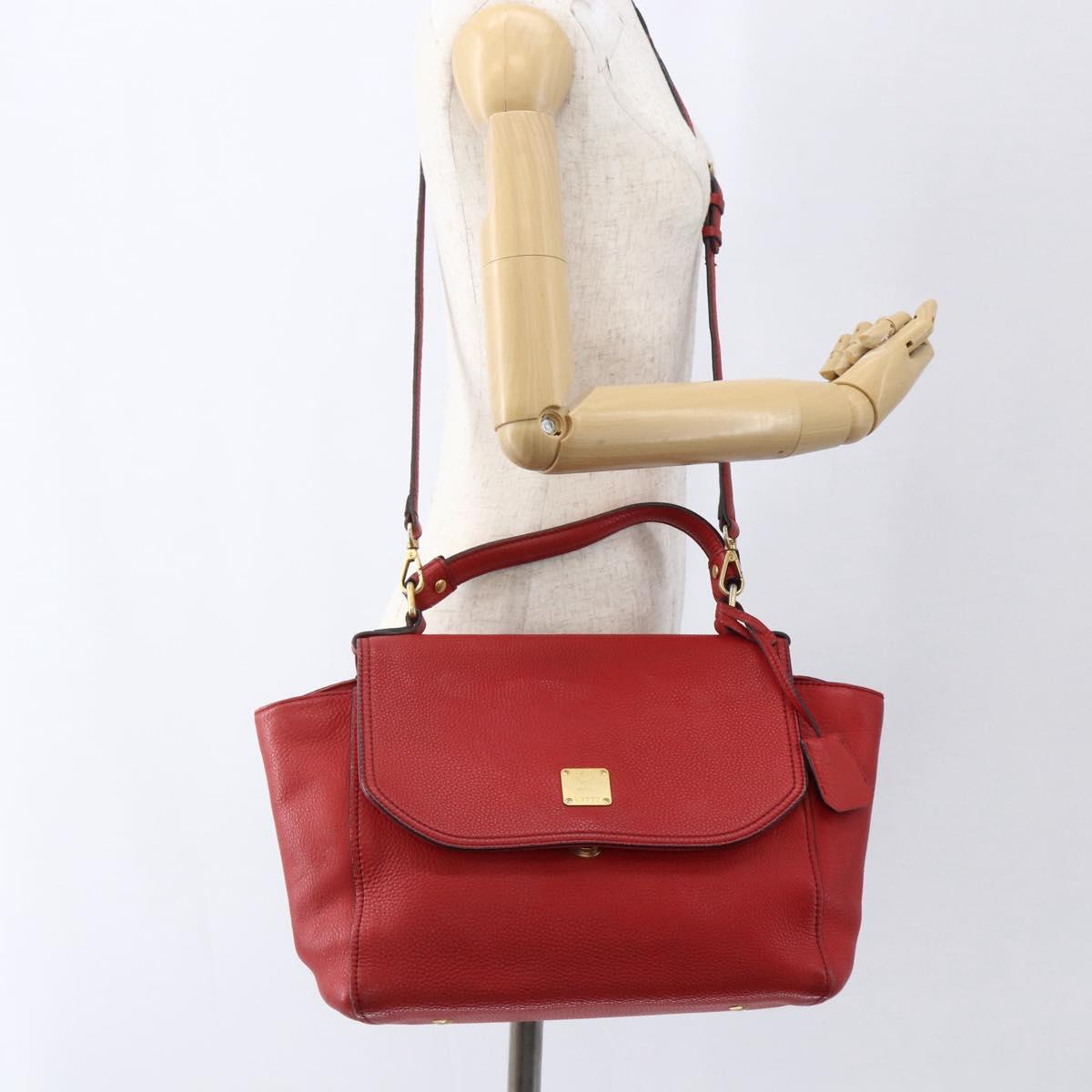 MCM Hand Bag Leather Red Gold Auth bs33111