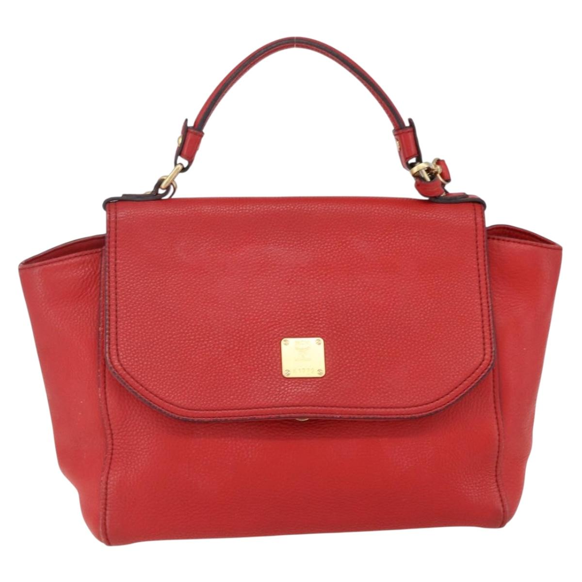 MCM Hand Bag Leather Red Gold Auth bs33111