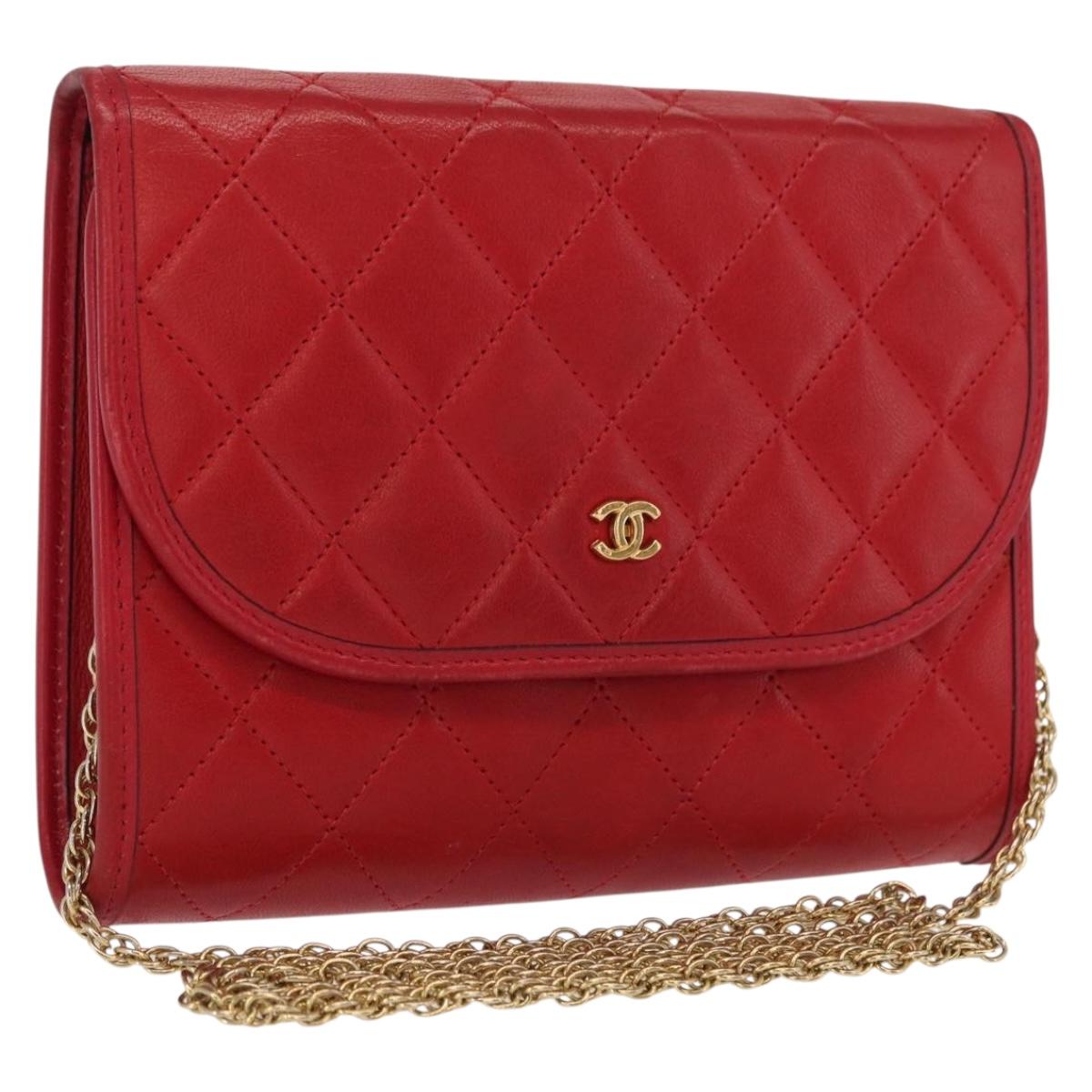CHANEL Matelasse Chain Shoulder Bag Lamb Skin Red Gold CC Auth bs33112