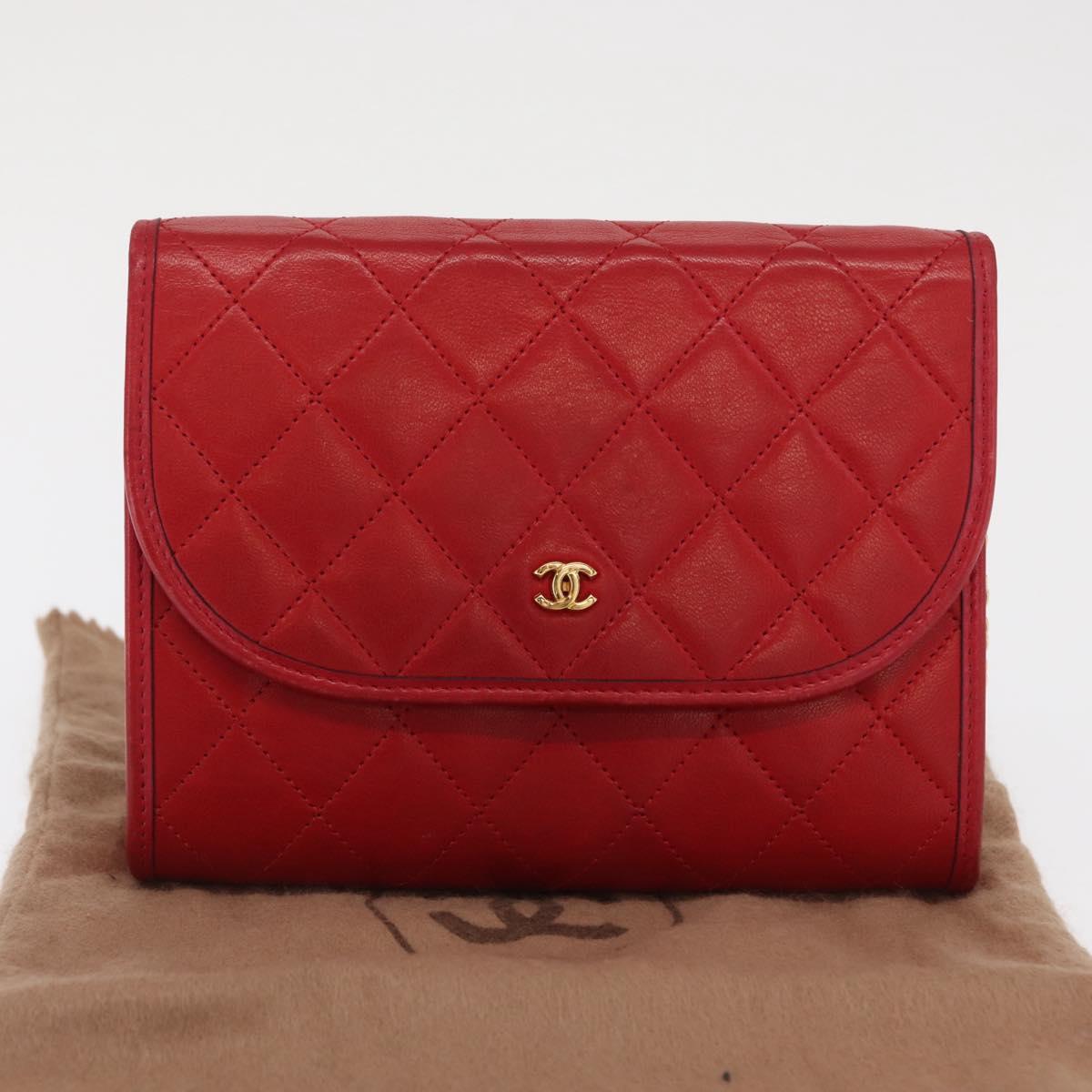CHANEL Matelasse Chain Shoulder Bag Lamb Skin Red Gold CC Auth bs33112