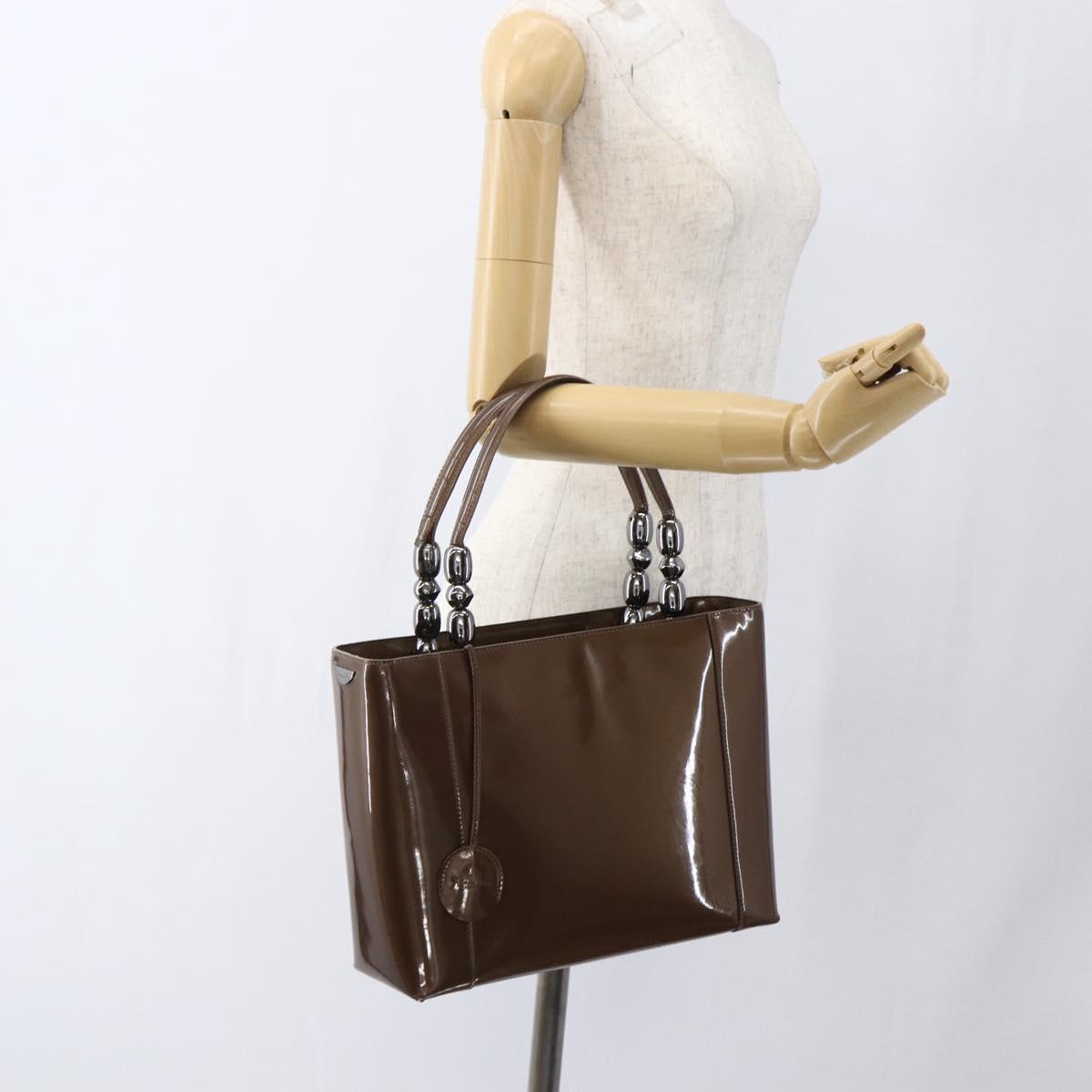 Christian Dior Maris Pearl Hand Bag Patent leather Brown Silver Auth bs33117