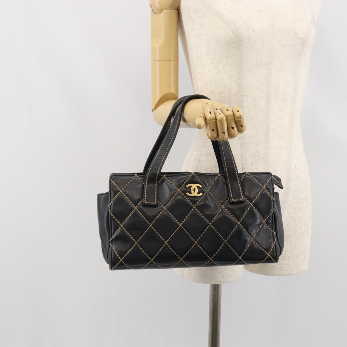 CHANEL Hand Bag Leather Black Gold CC Auth bs33126