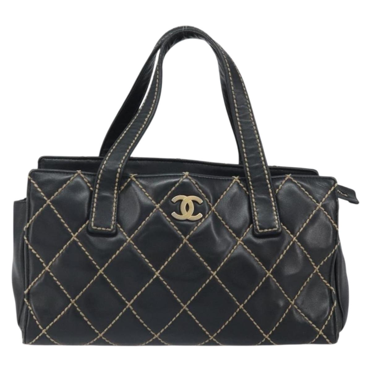 CHANEL Hand Bag Leather Black Gold CC Auth bs33126
