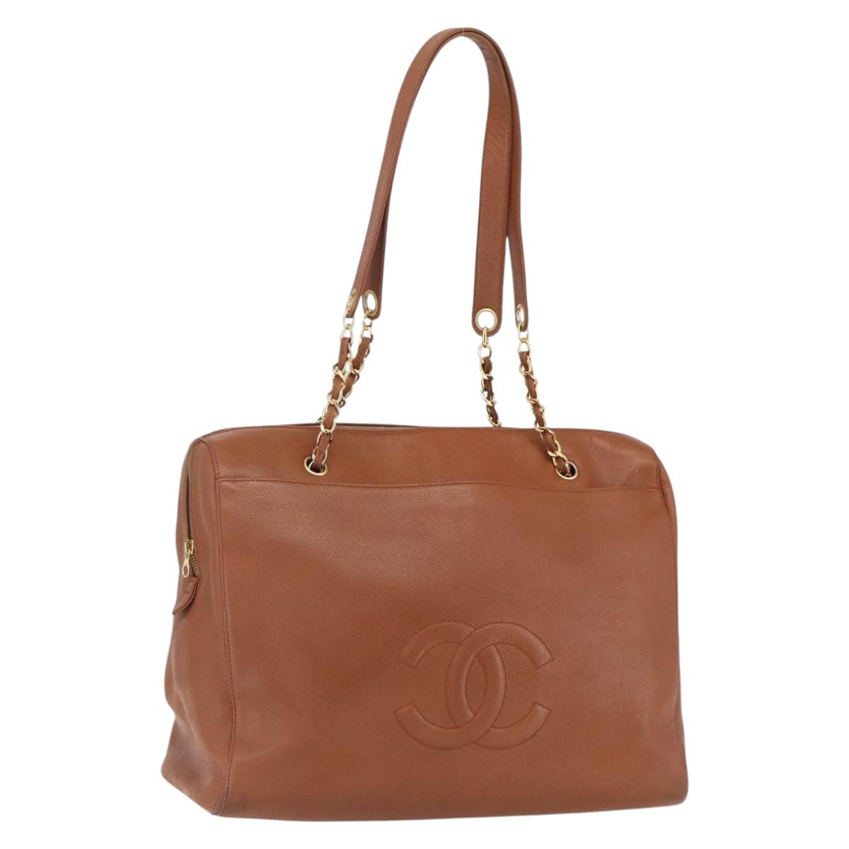 CHANEL Tote Bag Caviar Skin Brown Gold CC Auth bs33137
