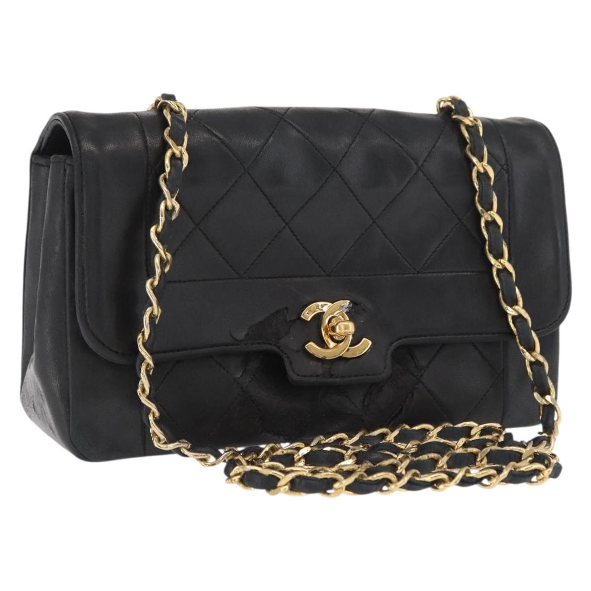 CHANEL Matelasse Chain Shoulder Bag Lamb Skin Black Gold CC Auth bs33139