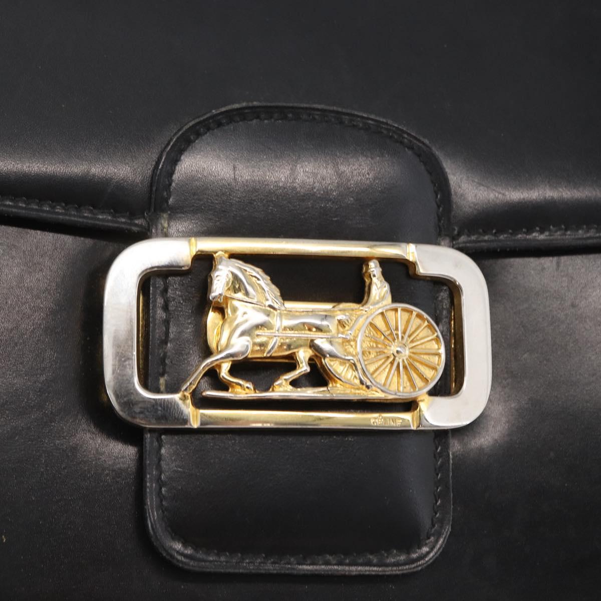 CELINE Horse Carriage Shoulder Bag Leather Black Gold Auth bs33159
