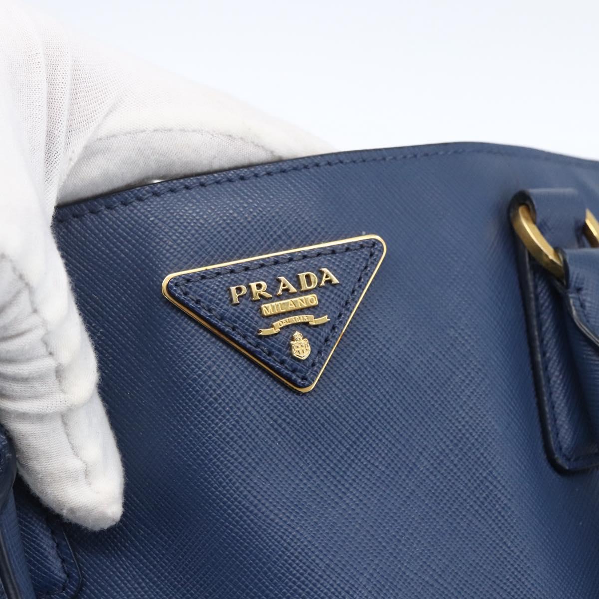 PRADA Hand Bag Safiano leather Blue Gold Auth bs33165
