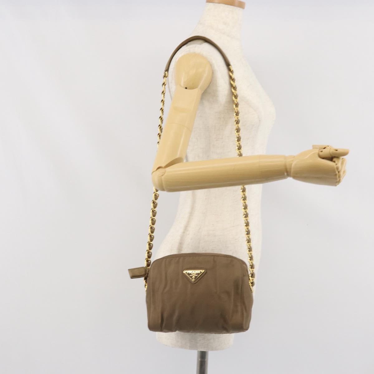 PRADA Chain Shoulder Bag Nylon Brown Gold Auth bs33167