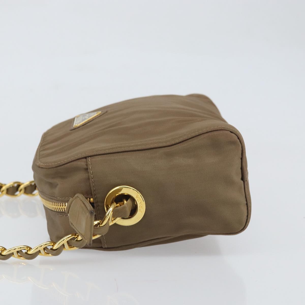 PRADA Chain Shoulder Bag Nylon Brown Gold Auth bs33167