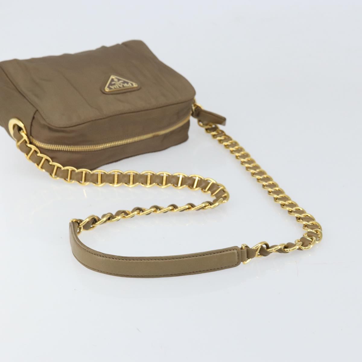 PRADA Chain Shoulder Bag Nylon Brown Gold Auth bs33167