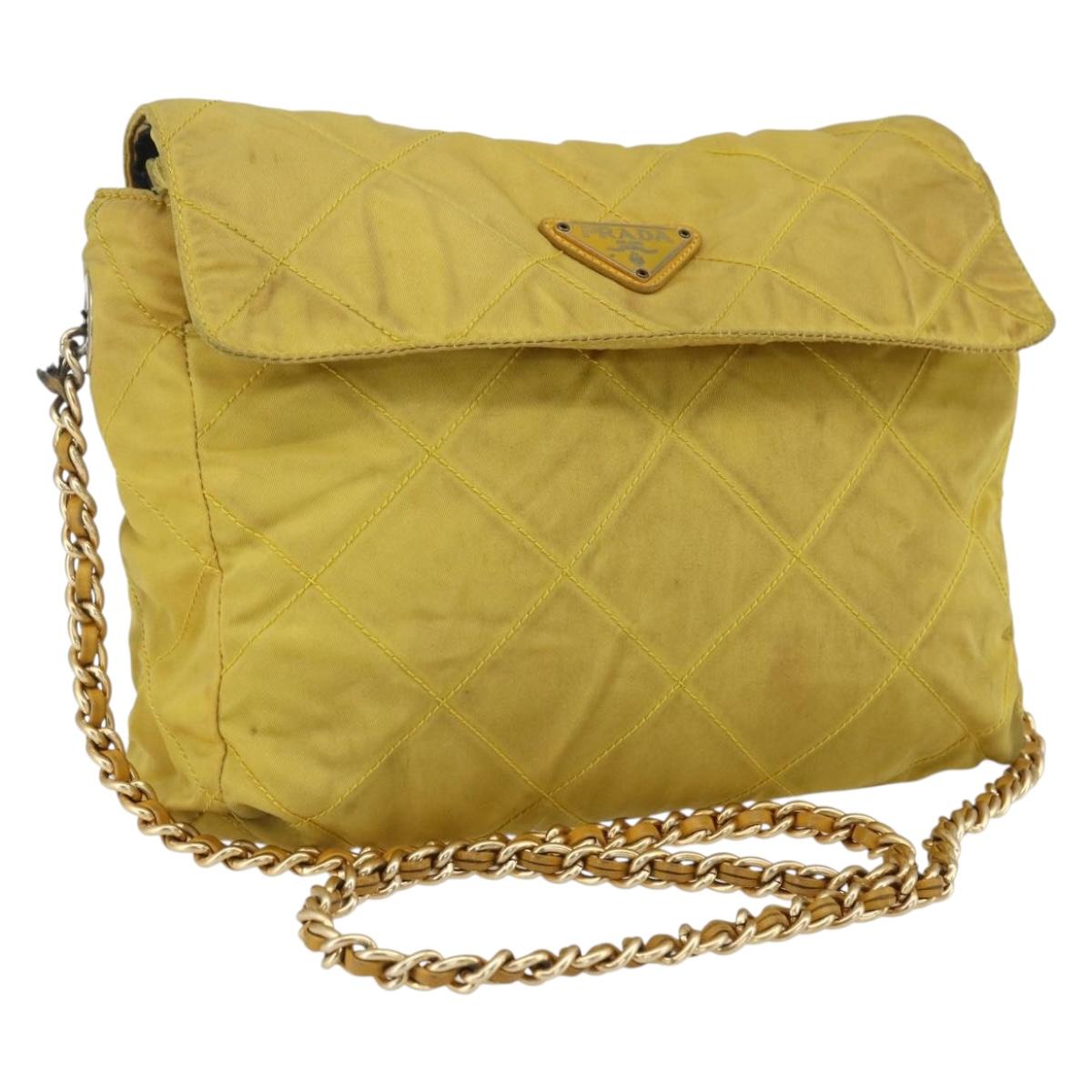 PRADA Chain Shoulder Bag Nylon Yellow Gold Auth bs33172
