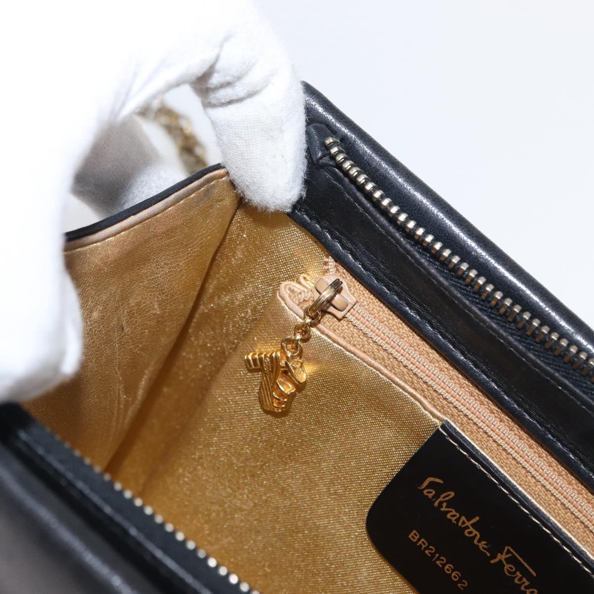 Salvatore Ferragamo Chain Shoulder Bag Leather Black Gold Auth bs33175