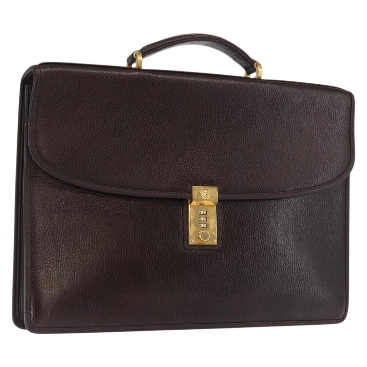 Gianni Versace Business Bag Leather Brown Gold Auth bs33178